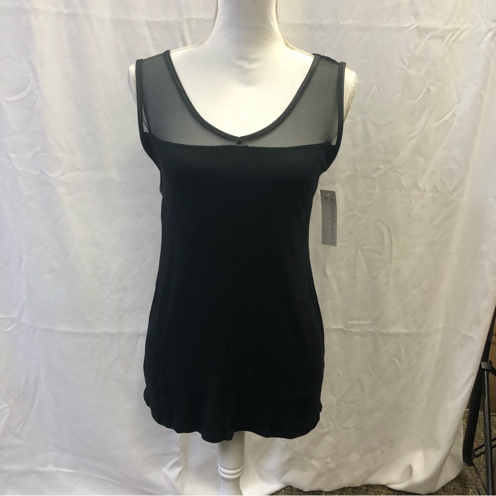 Loveappella Sleeveless Mesh Louis Faux Leather Trim Knit Tank Top Black Medium